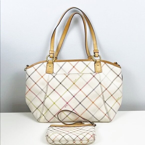 Coach Peyton Tattersall Cream Plaid Tote Bag & Matching Wristlet Set F21924 - Picture 9 of 16